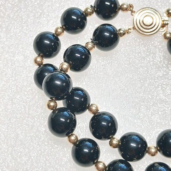 14K Yellow Gold Black Onyx Bead Double Strand Bracelet 8" 41.9g Estate VGUC - Picture 7 of 15